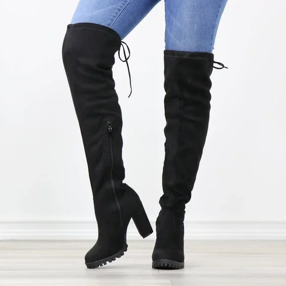 Black Thigh High Boots Over The Knee Block Lug High Heel Faux Suede Round Toe - Picture 12 of 13